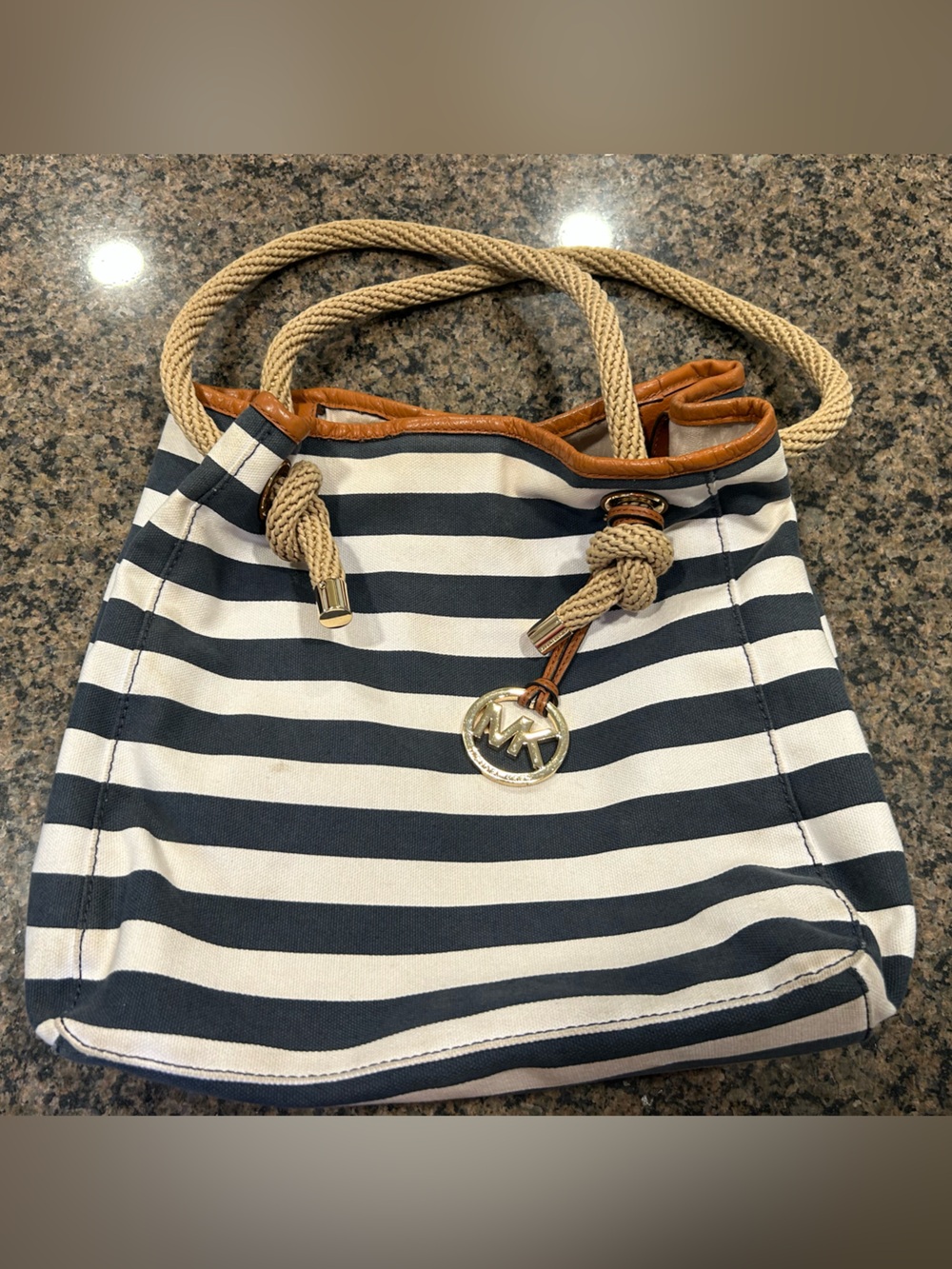 Michael Kors Navy and White Striped Tote with Rope Handles
